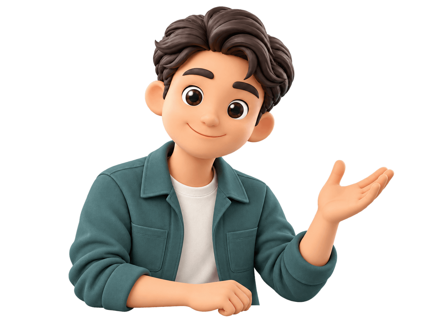 3D avatar of Si in a petrol teal jacket, leaning forward with a welcoming gesture